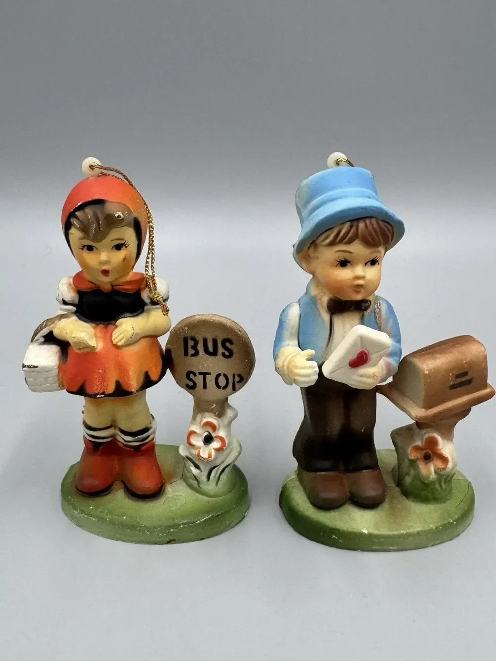 Vintage Ornaments Bus Stop Girl & Boy At Mailbox Set Of 2